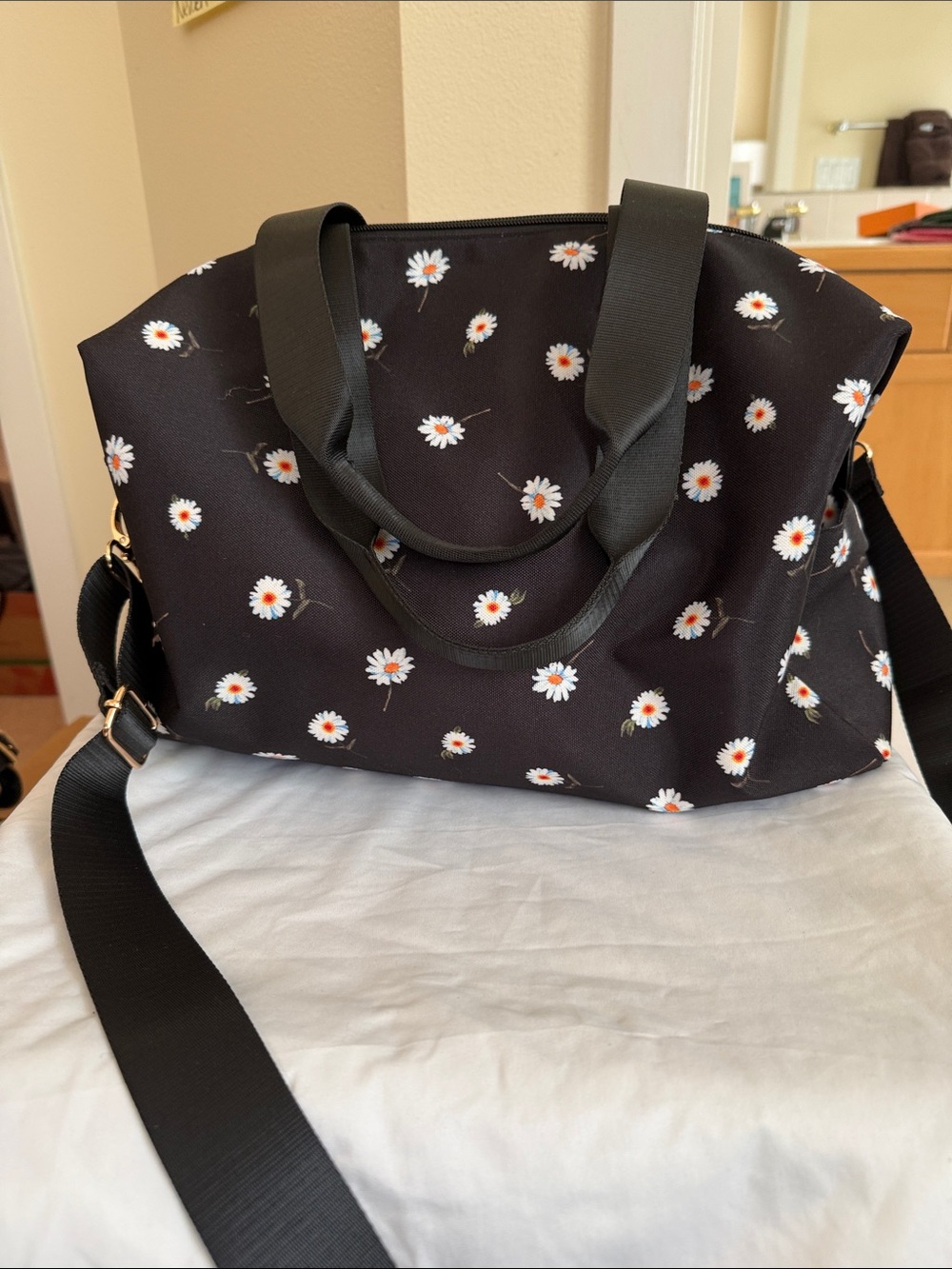 Alice + Olivia Black Daisy Print Tote Bag with Adjustable Strap
